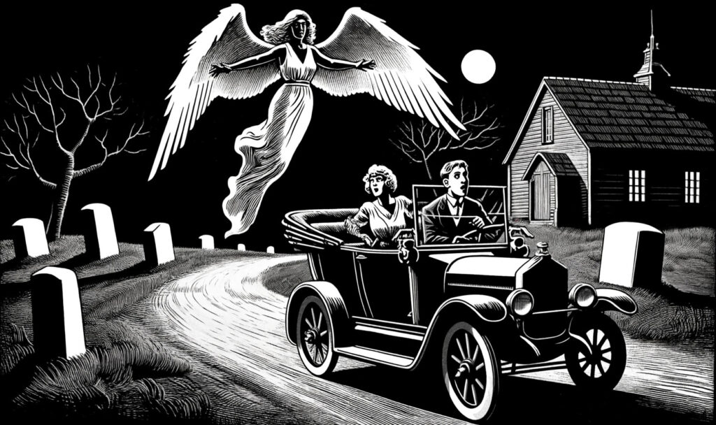 Mr. and Mrs. Voetsch are surprised by an apparition as they return from Buffalo in their motor car. (Illustration by AI)